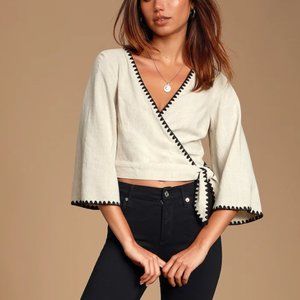 Lulu's Linen Allamanda Beige Cropped Wrap Top sz S